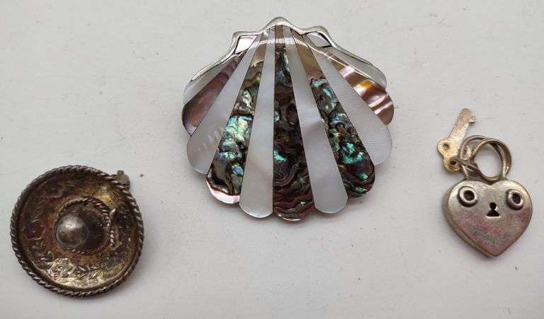 (E) (2) Mexico Sterling Silver Brooches Plus (1) Charm