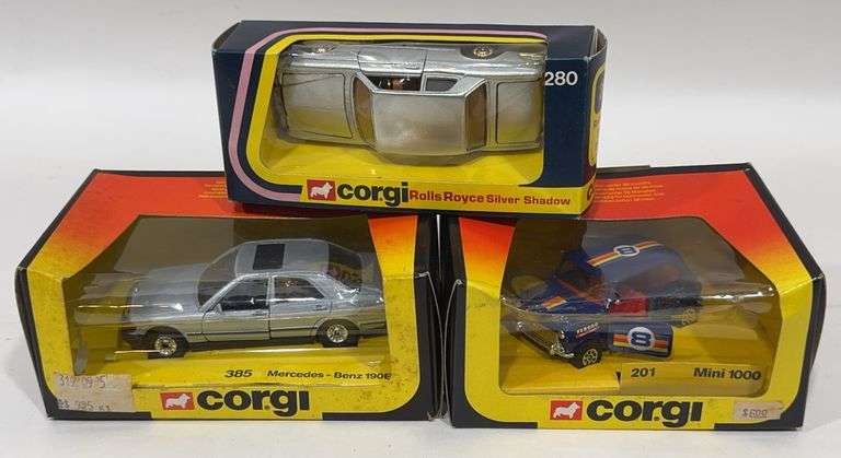 3) Vintage 1:43 Die-Cast Corgi Cars In Box