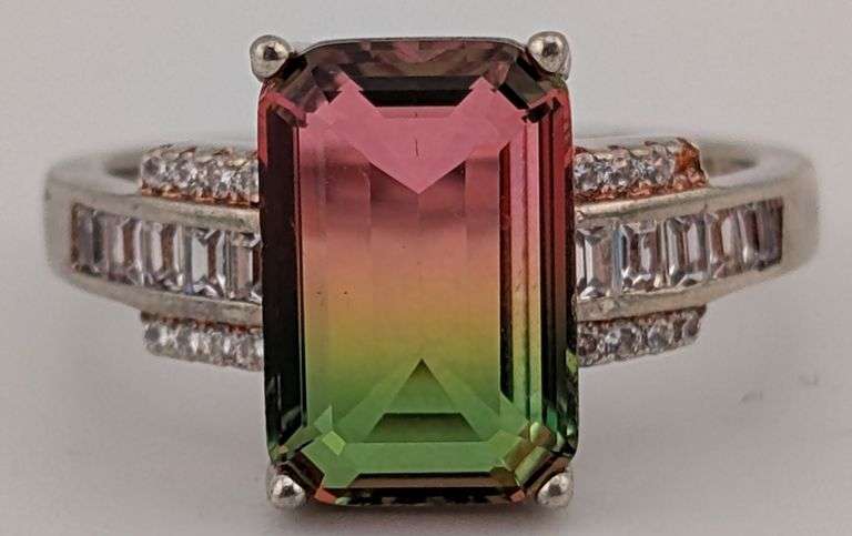 Sterling Emerald Cut Watermelon Tourmaline Ring