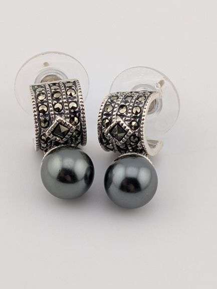 Sterling Marcasite & Faux Pearl Drop Earrings