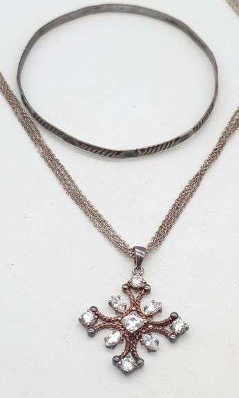(E) Sterling Silver Bangle & Cross Necklace