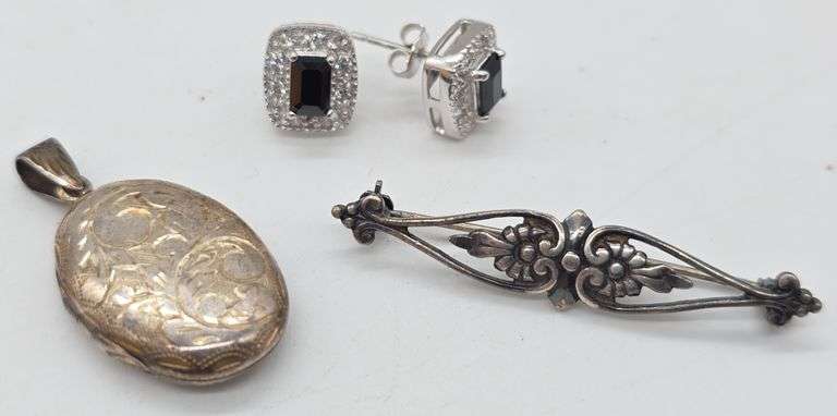 (E) Sterling Silver Locket, Pin & Earrings