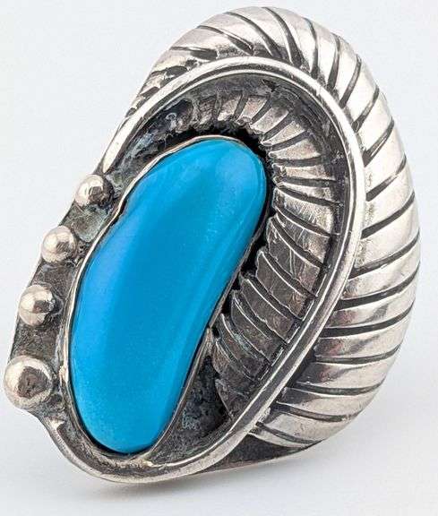 Vintage Sterling Old Trade Native American Turquoise Feather Ring