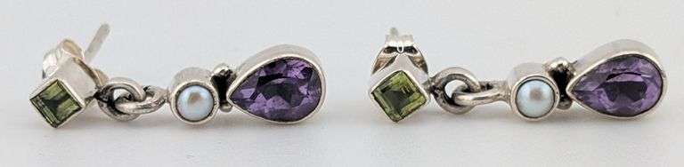 Sterling Nicky Butler Peridot Pearl & Amethyst Drop Earrings