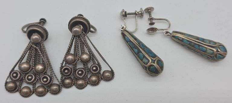 (E) (2) Pair of Sterling Silver & Turquoise Clip On Earrings