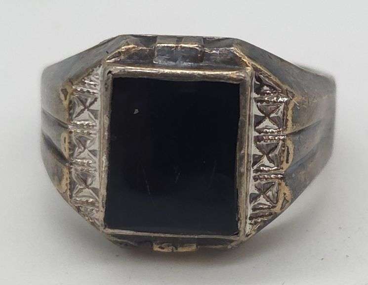 (E) Vtg Sterling Silver Mens Onyx Ring