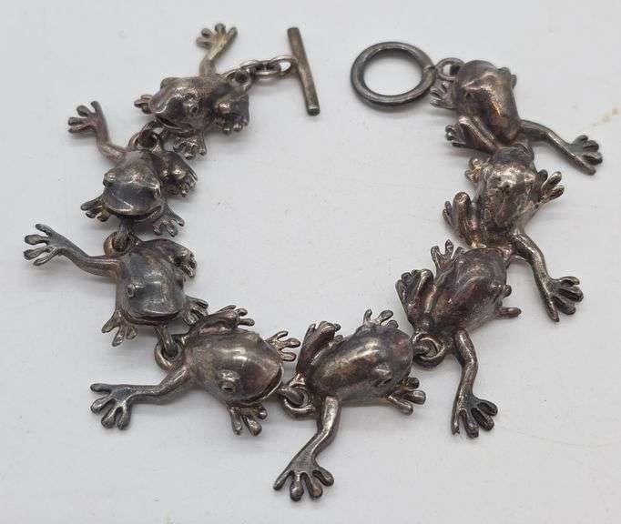 (E) Mexico Sterling Silver Frog Link Bracelet
