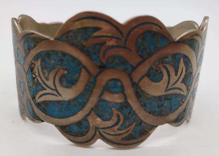 (E) Taxco Sterling Silver Cuff Bracelet w Turquoise Inlay.