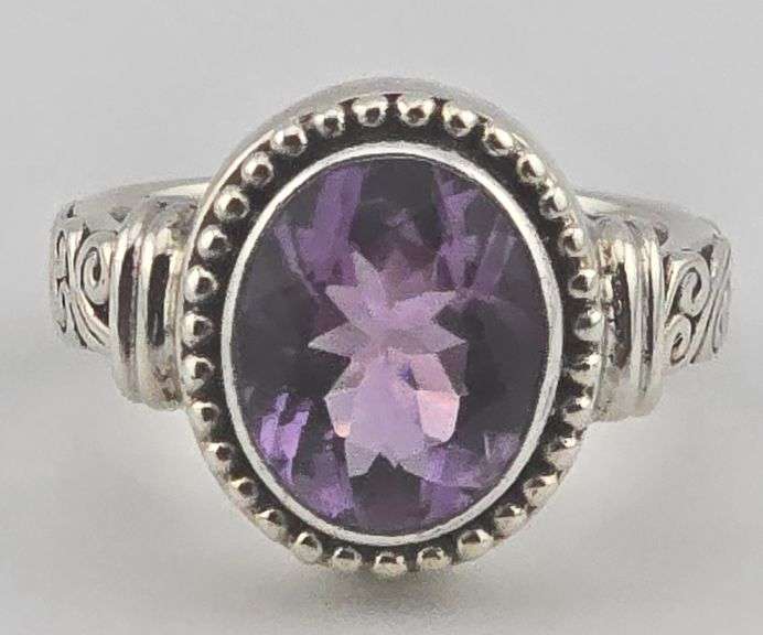 Sterling Faceted Oval Amethyst Scroll Work Band Ring