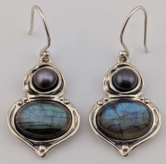 Vintage Sterling Labradorite & Cultured Pearl HG Israel Earrings