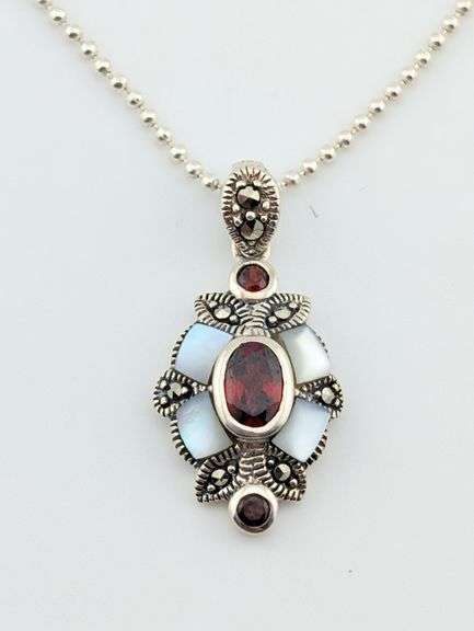 Vintage Sterling MOP Ruby & Marcasite Pendant Neckace