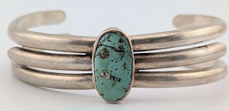 Vintage Sterling Old Trade Turquoise Cuff Bracelet
