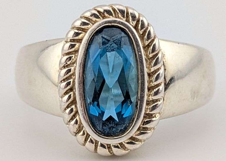 Vintage Sterling Oval Faceted Blue Topaz Rope Band Halo Ring