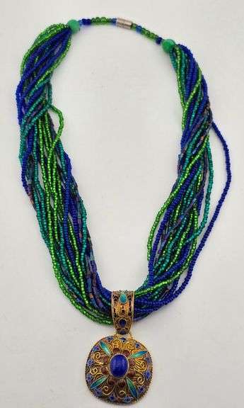 Vintage Sterling Gold Tone Cloisonne Blue Lapis Lazuli Multistrand Necklace