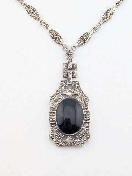 Judith Jack Sterling Art Deco Style Black Onyx & Marcasite Necklace