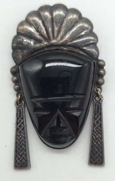 (E) Mexico Sterling Silver Aztec Mask Brooch W Onyx Face