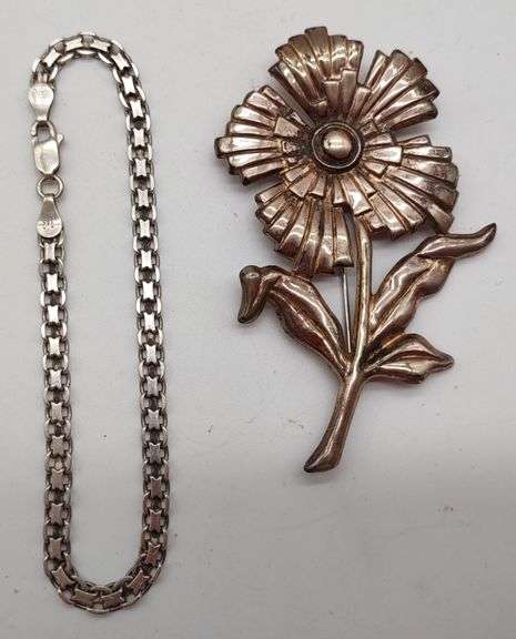 (E) Sterling Silver Flower Brooch and Bracelet
