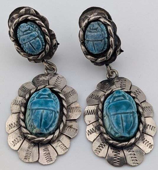 Antique Sterling Turquoise Scarab Clip On Earrings