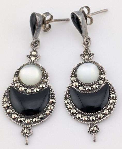 Vintage Sterling MOP Black Onyx & Marcasite Earrings