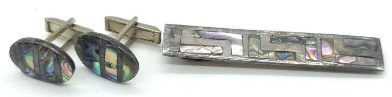 (E) Mexico Sterling Silver & Abalone Cufflinks & Clip