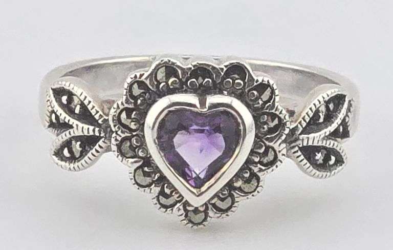 Sterling Heart Cut Amethyst & Marcasite Ring