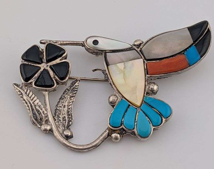 Vintage Zuni Sterling Inlaid Multi Stone Hummingbird Brooch