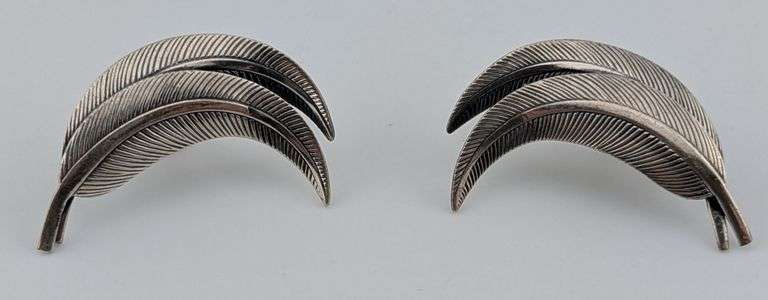 Vintage Sterling Jewel Art Feather Screw Back Earrings