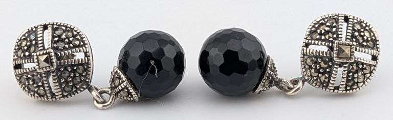 Sterling Marcasite & Faceted Black Onyx Drop Earrings