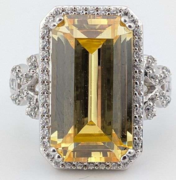 Sterling Emerald Cut Lemon Quartz Halo Ring