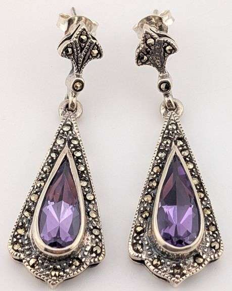 Vintage Sterling Amethyst & Marcasite Drop Earrings