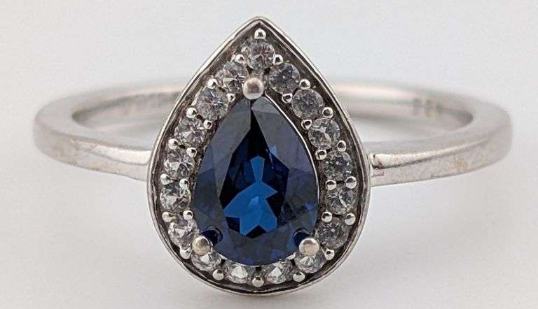 Sterling Pear Cut Blue Sapphire Halo Ring