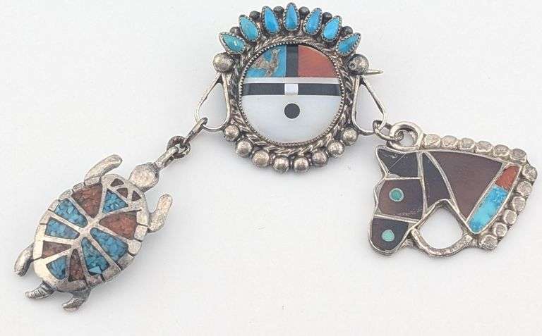 Vintage Sterling Signed Zuni Inlaid Turquoise Brooch & Charms