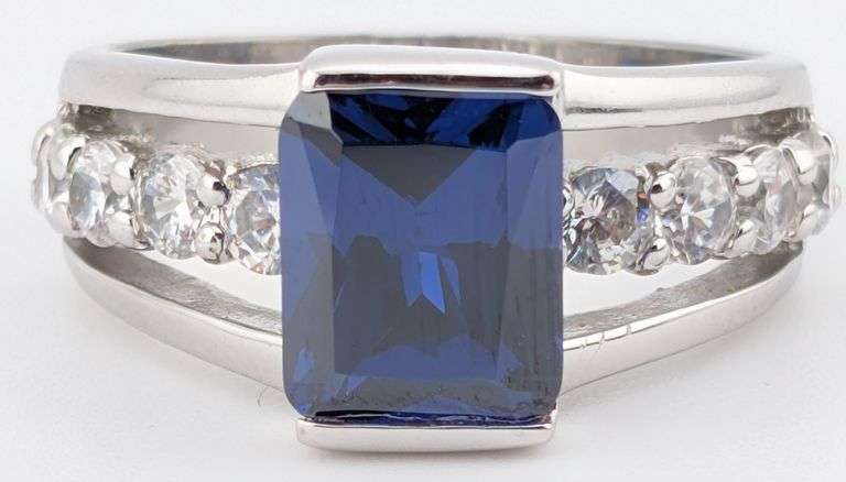 Sterling Princess Cut Blue Sapphire Elevated Setting Ring
