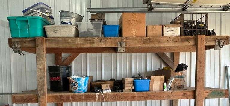 Contents of 2 Shelves incl. Circuit Breakers, Plastic Cable Connectors, Galvanized Bucket, & More