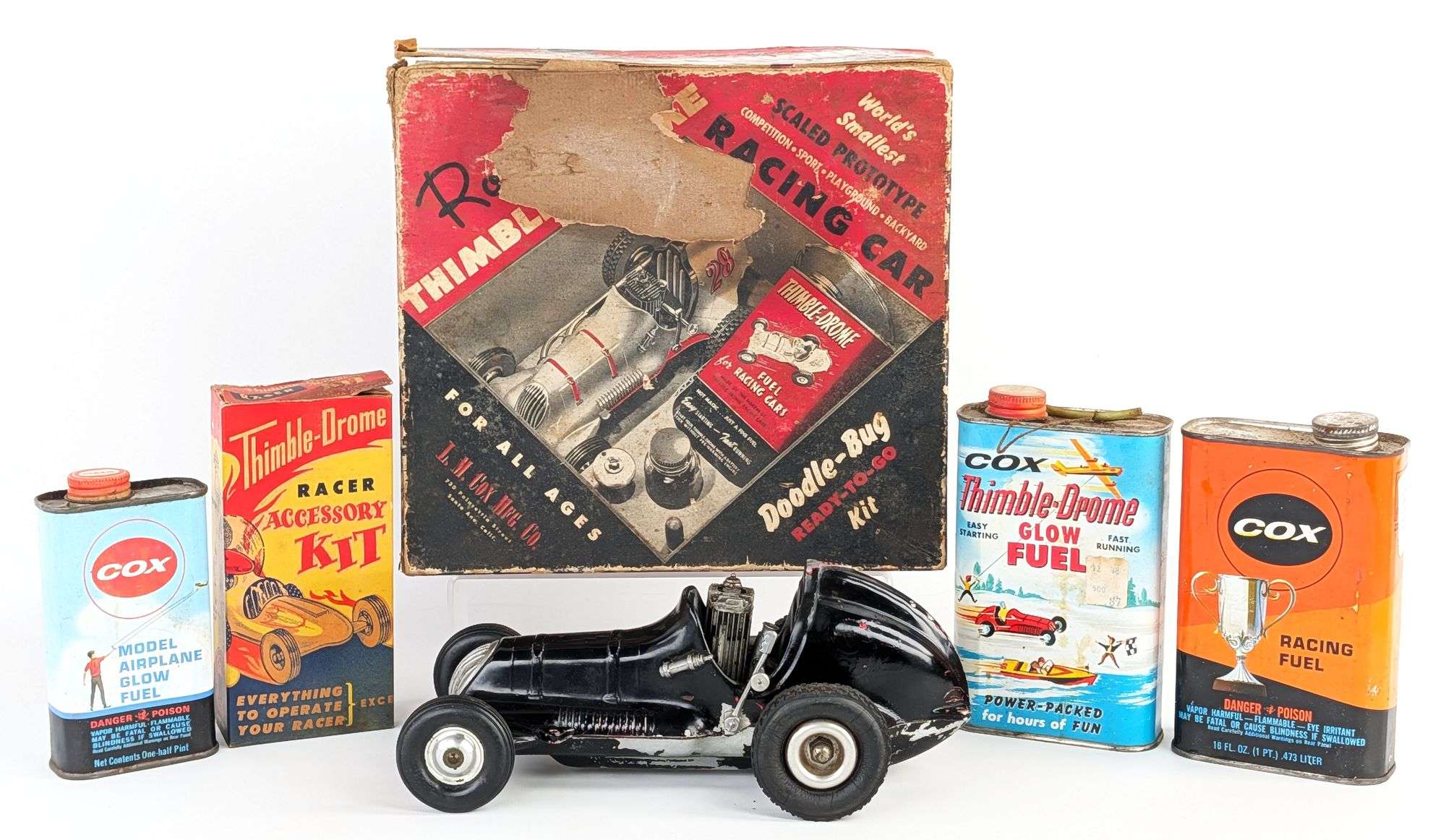 Roy Cox Thimble Drome Racing Car w/ Box and Racing Fuel Cans  display picture 1