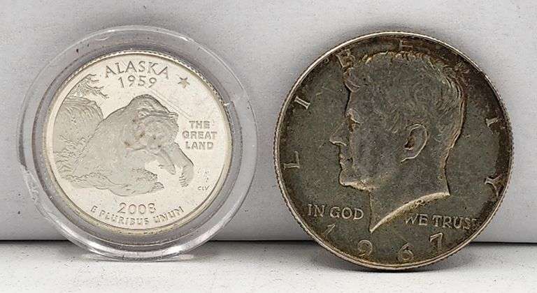 (U) US 1967 Kennedy Half Dollar & 2008 Kansas State Quarter Proof $0.75 FV