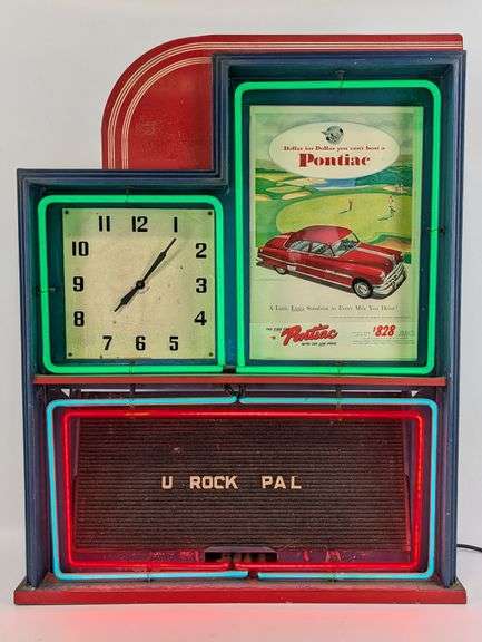 Vintage Art Deco Neon Advertising Dealership Clock w/ Pontiac Advertising