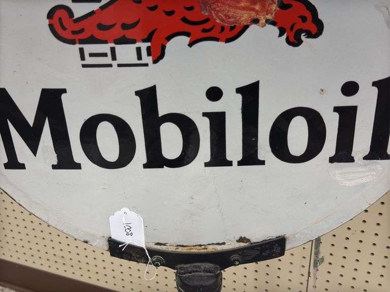 Vintage DSP Mobiloil Gargoyle Lollipop Curb Sign w / Base - Kraft