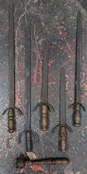 Lot of (6) Weapon Props with Wood Handles Including: Metal Swords, Daggers, and a Mace