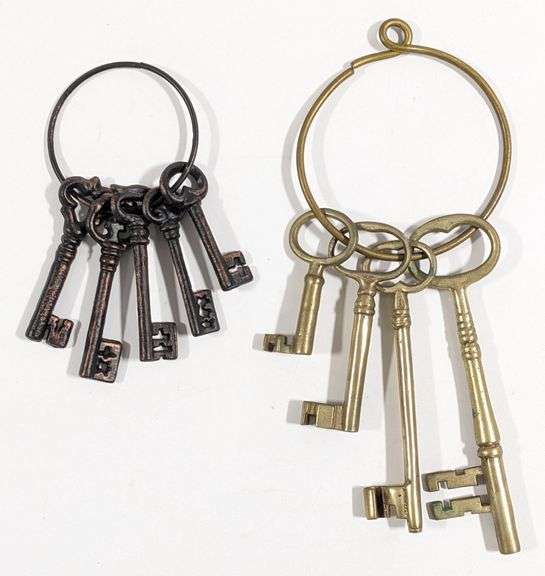 (9) Large Vintage Heavy Brass and Cast Metal Skeleton Keys on two ...