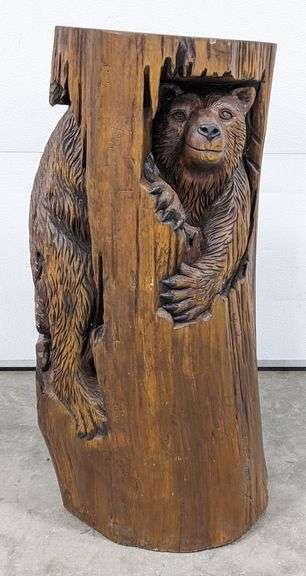 Carved Wood Bear Cub In a Log Sculpture - Kraft Auction Service, LLC