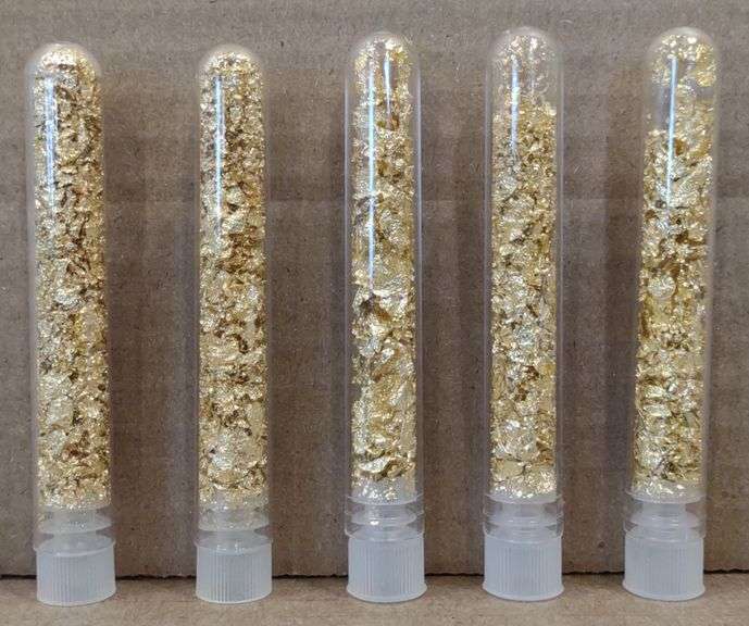 (M) 5 Glass Vials Of Gold Flakes