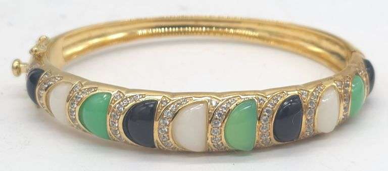 (KC) Rarities Chrysoprase, Agate and White Zircon Gold Over Sterling Silver Bracelet