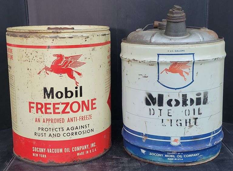 Vintage Mobil Freezone Anti-Freeze Can And Mobil DTE Oil Can