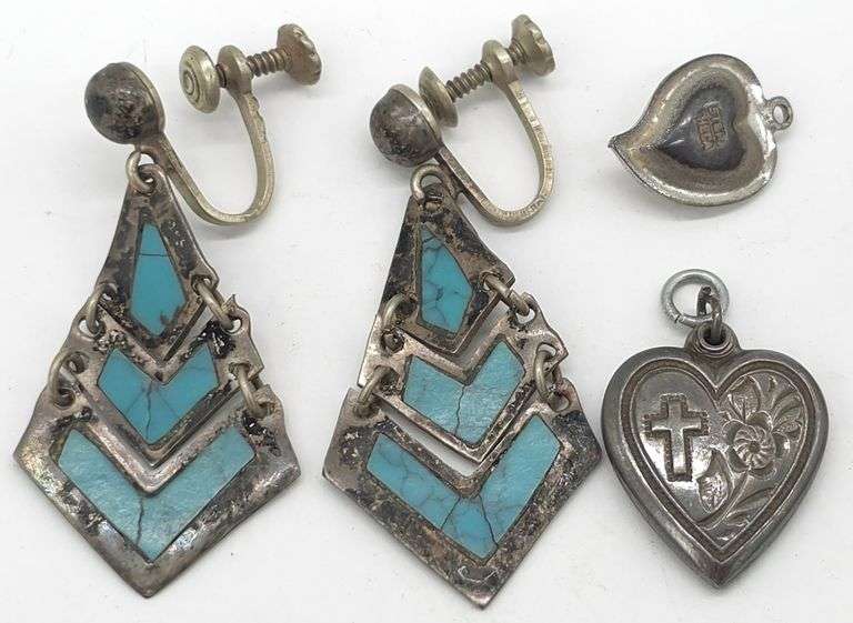 (MC) Alpaca Silver and Turquoise Earrings with Two Sterling Silver Heart Pendants