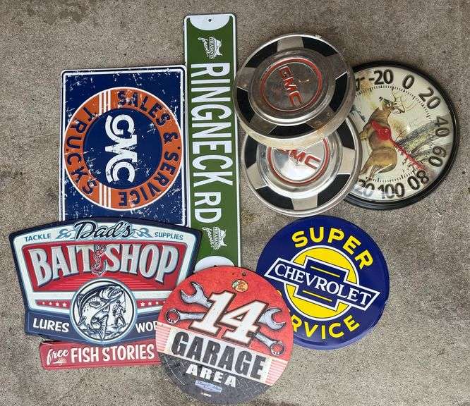Assorted Advertisement Reproduction Signs, GMC Wheel Caps - Kraft ...