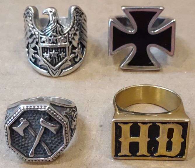 (M) Men Rings Incl. Stainless American Eagle, Iron Cross, Viking Axe & Harley Davidson HD.