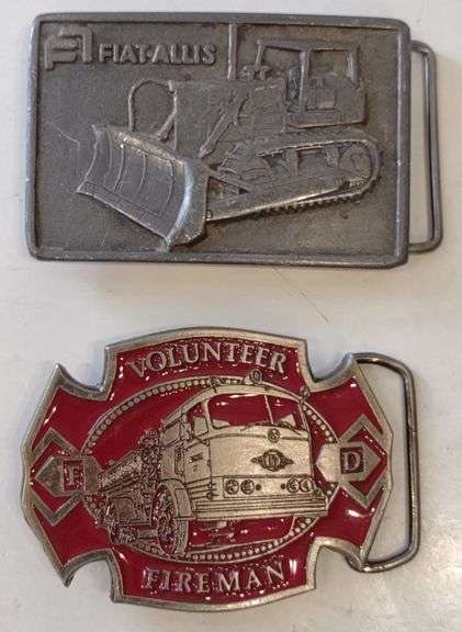 (CC) Vtg. Belt Buckles Incl. Fiat-allis Bulldozer Belt Buckle & Volunteer Firefighter Enameled Belt 