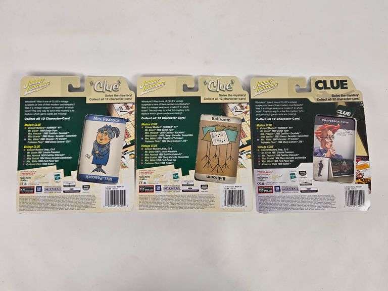 (3) Johnny Lightning "Clue" Die-Cast Cars In Blister Packages