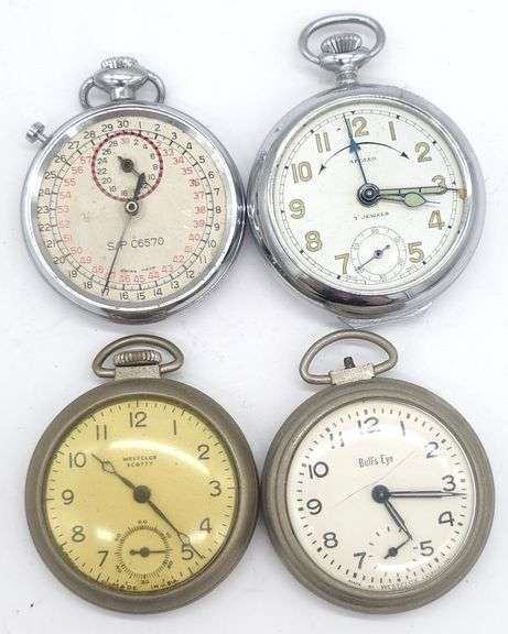 (F) Three Open Face Pocket Watches & Shop watch, Westclox, Bulls Eye & Apollo